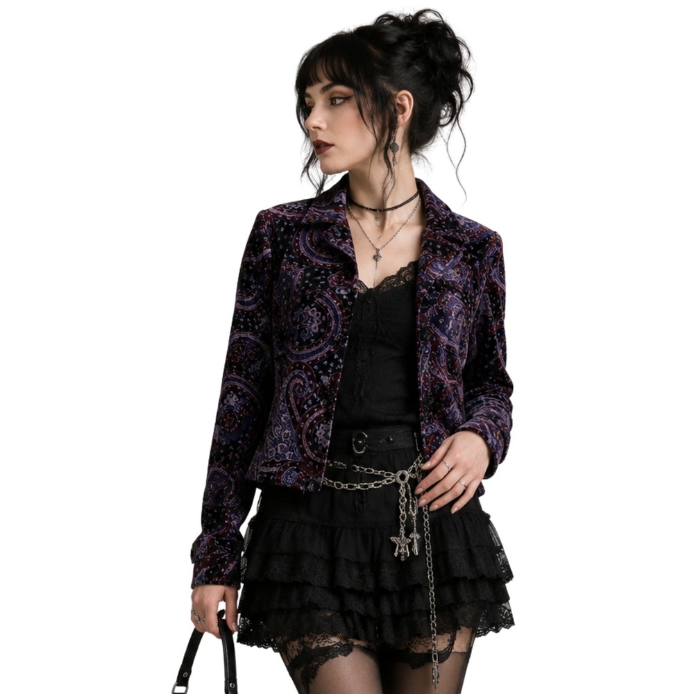 Anthracite Whimsigoth Paisley Velvet Beaded Trucker Jacket Size 4 Cotton Purple
